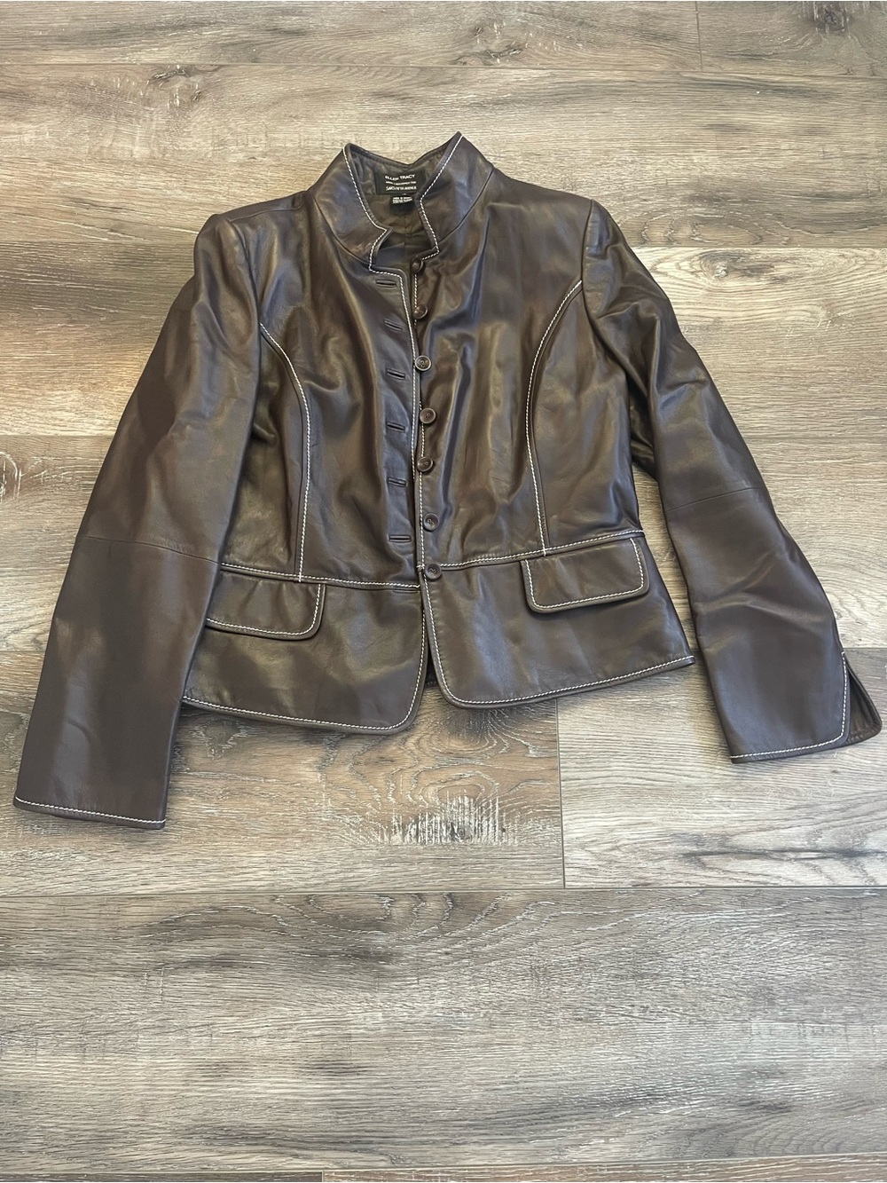Ellen Tracy Chocolate Brown faux Leather Button-Front Jacket EUC size 12